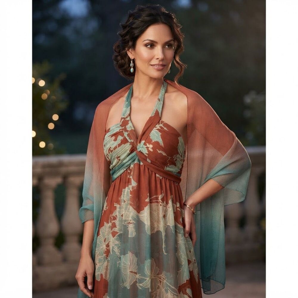 Nicole Miller and Teal Halter Twist-Front Floral Midi Dress Fall Guest Wedding